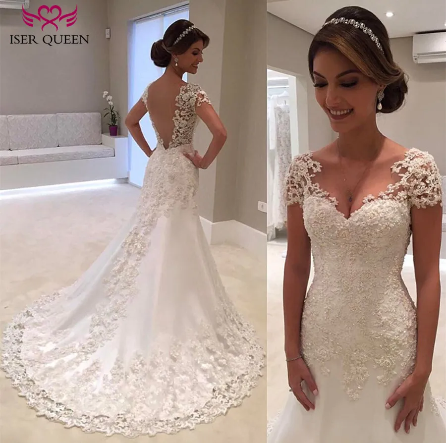 

2019 V-Neck Short Sleeve Wedding Gown Vestido De Noiva White Backless Lace Mermaid Wedding Dresses Bride Dress W0200
