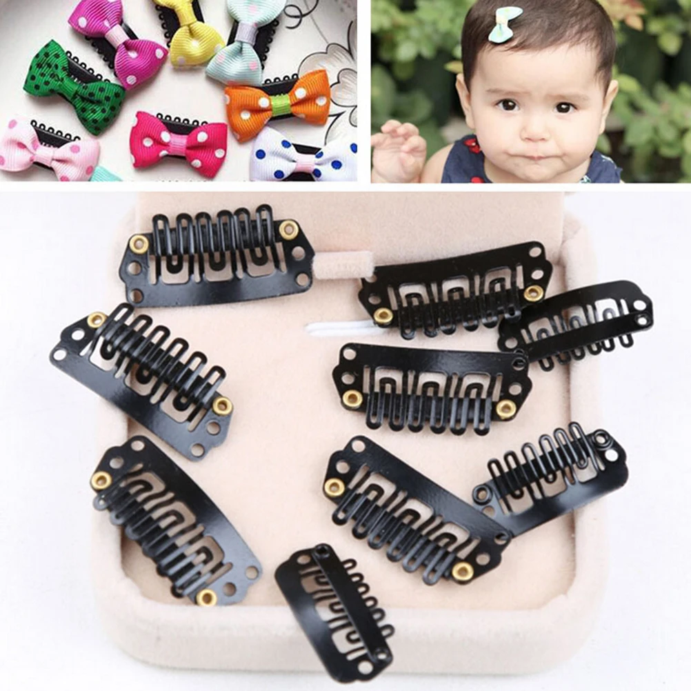 

50PCS Black 28mm Metal Hair Snap 9 Teeth Clips For Extensions U Shape Weave Toupee Wig Styling Tools