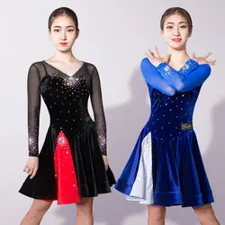 Латинское платье для танцев Блестящий со стразами с длинным рукавом для самбы, ча-ча, танго платья для танцев конкурсное выступление одежда