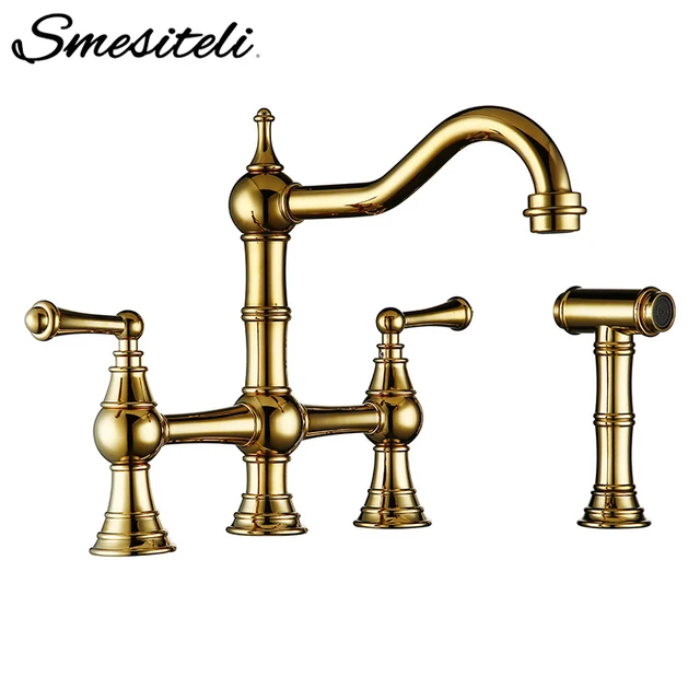 Best Offers Solid Brass Kitchen Sink Mixer Tap Titanium Gold Bridge Kitchen Faucet With Side Spray Sprayer And Metal Lever Handle Sidespray