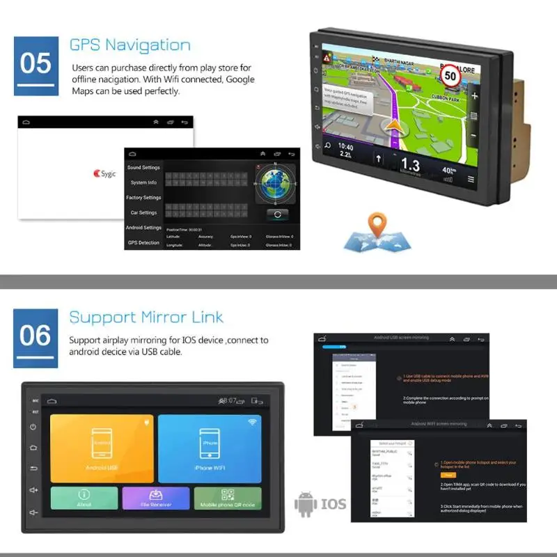 Perfect Android 8.1 7 inch 2 Din Car Stereo MP5 Player 2G+16G BT WiFi GPS Navigation FM Radio Capacitive Touch Screen Auto Audio Player 10
