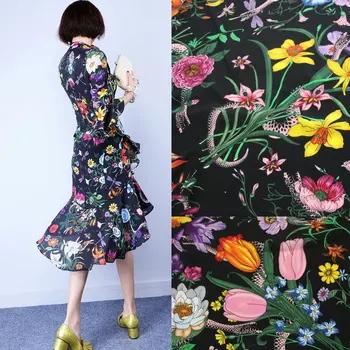 

flowers snake print soft silk crepe fabric, 100% Mulberry silk crepe fabric tissue for women dress, 140cm width pure silk crepe