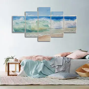

Laeacco Canvas Calligraphy Painting 5 Panel Watercolor Posters and Prints Seaside Wall Art Nordic Home Living Room Decor