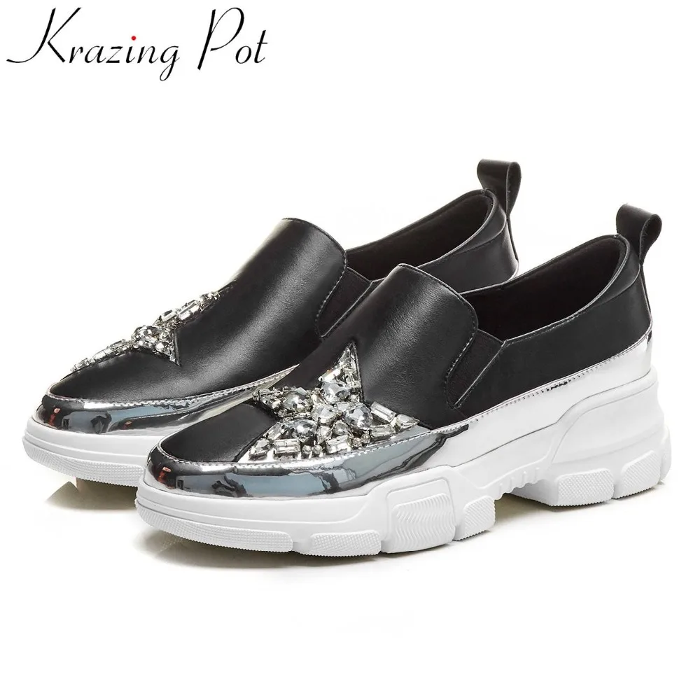 

2019 new arrival glitter crystals decoration real cow leather thick bottom white black loafers round toe vulcanized shoes L40