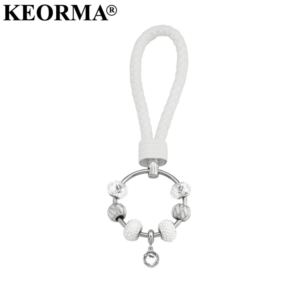 

KEORMA DIY Stainless Steel Round Circle White PU Leather Key Chain Imitation Pearl Pandant Car Keychain For Women Girl YK020