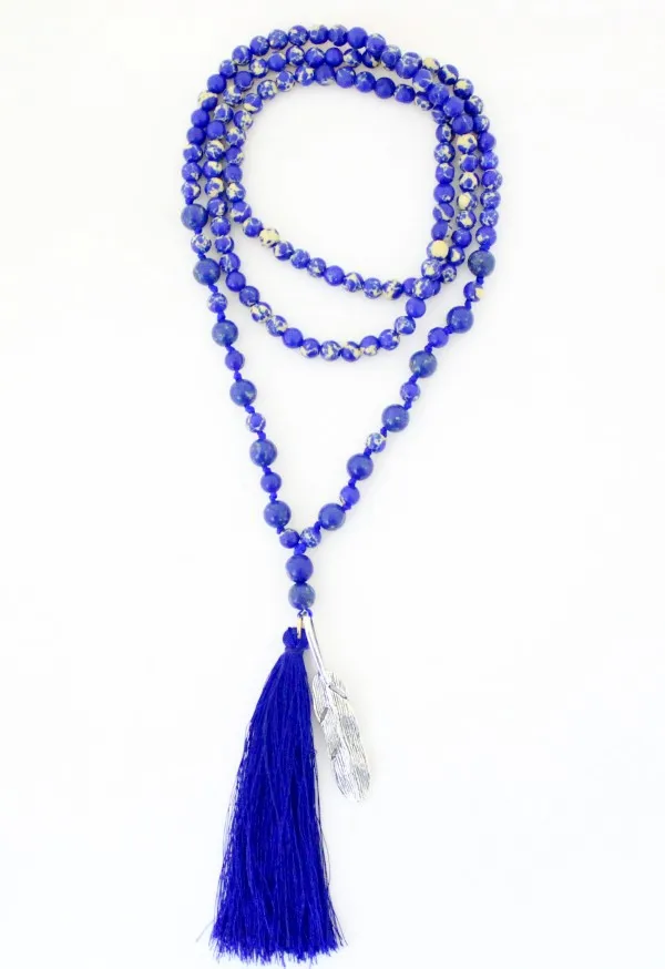 Exclusive 6MM Gorgeous Sea Sediment Jasper Round Natural Beaded Tassel Necklace Bohemia Yoga Necklace For Women