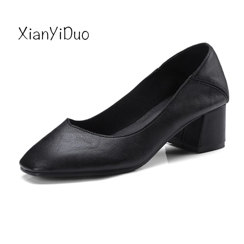 

Xianyiduo 2018 Leisure Spring/Aut Slingbacks Women's Shoes Square Toe Med heels Pumps plus size 34-47 White black pink/7513
