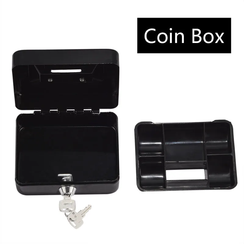 Mini Black Metal Stainless Steel Piggy Bank Safety Deposit Box For Money Coin Cash Tray With Secret Key Cash Drawer Carry Box