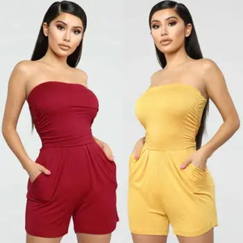 

Fashion Women Ladies Sleeveless Solid Strapless Overall Summer Beach Short Playsuit Strapless Jumpsuit Romper