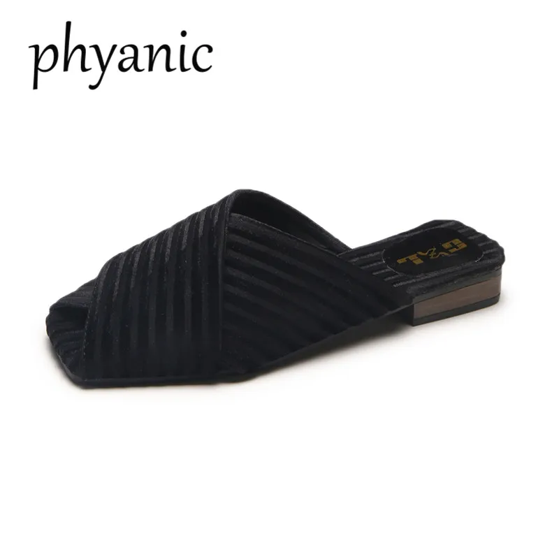 

Phyanic 2018 Summer High Heels Women Slippers Hoof Heels Low Heels Female Mules Shoes Cross Peep Toe Slides Ladies Mules Shoes