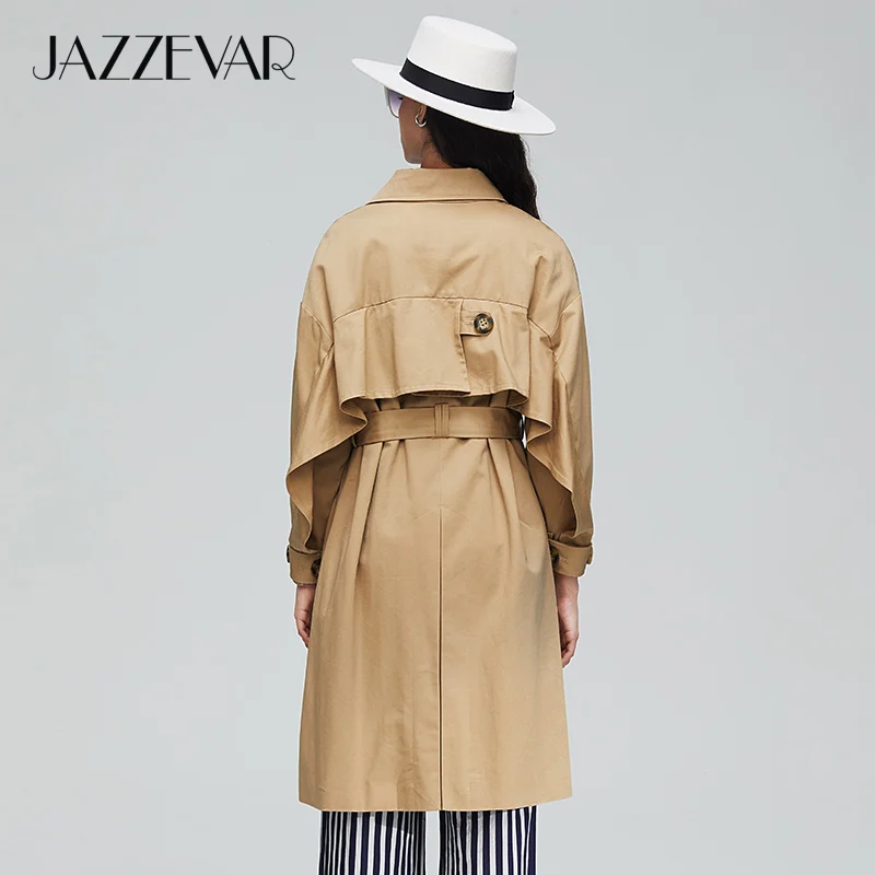 JAZZEVAR New arrival autumn khaki trench coat women casual long outerwear high quality cotton with belt fashion women 9009