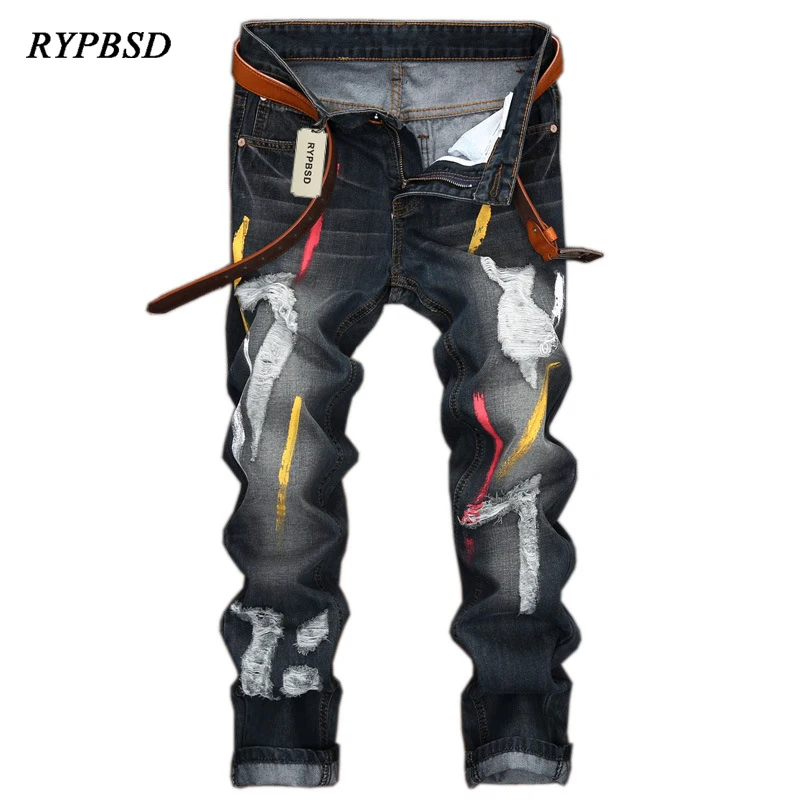 

Paint Jeans Men Ripped Jeans 2017 Personality Vintage Hole Distressed Denim Biker Punk Jeans Casual Straight Jeans hombre 28-42