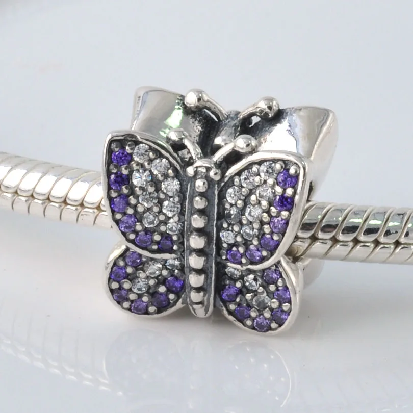 

Hot New 925 Sterling Silver Charms Pave butterfly with purple CZ Charm Beads Fit Pandora Charms Bracelet DIY Jewelry Making