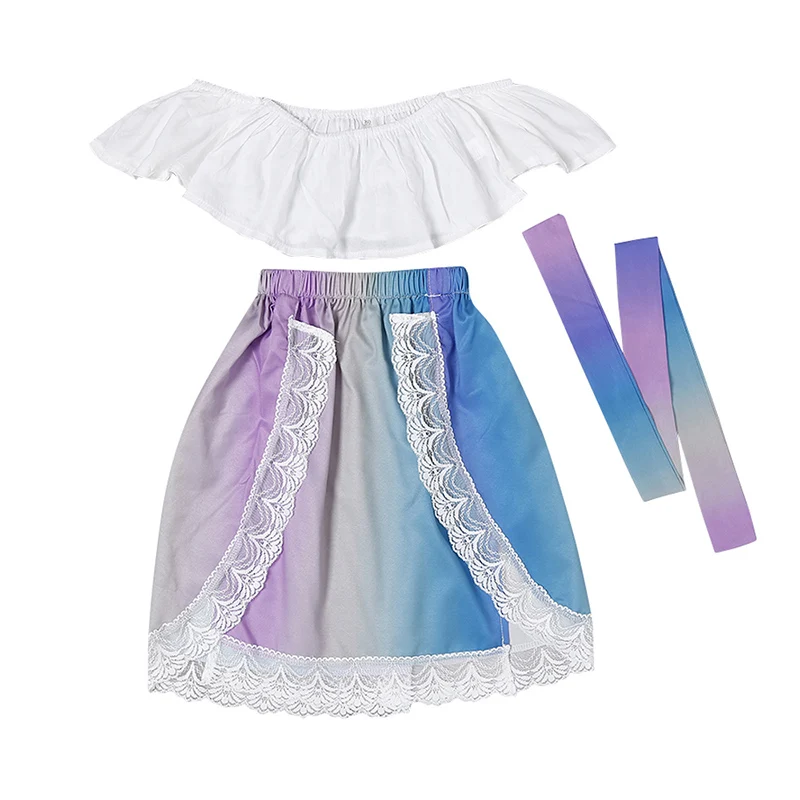 

Newborn Girl Kid Cotton Off-shoulder T-shirt Top + Rainbow Ruffles Fishtail Dress + Gradual Belt Party Outfits Clothing
