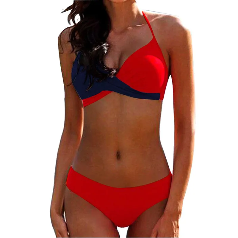 

S-3XL 2018 Bandage Cross Bikini Set Halter Swimwear Women Sexy Swimsuit Summer Bathing Suit Padded Patchwork Solid Swimming Suit