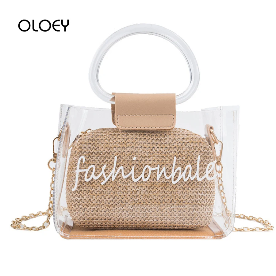 

Clear PVC Transparent Straw Shoulder Bags For Women Handbag Purse 2019 Summer Travel Messenger Bag Ladies Chain Beach Bag Bolsa