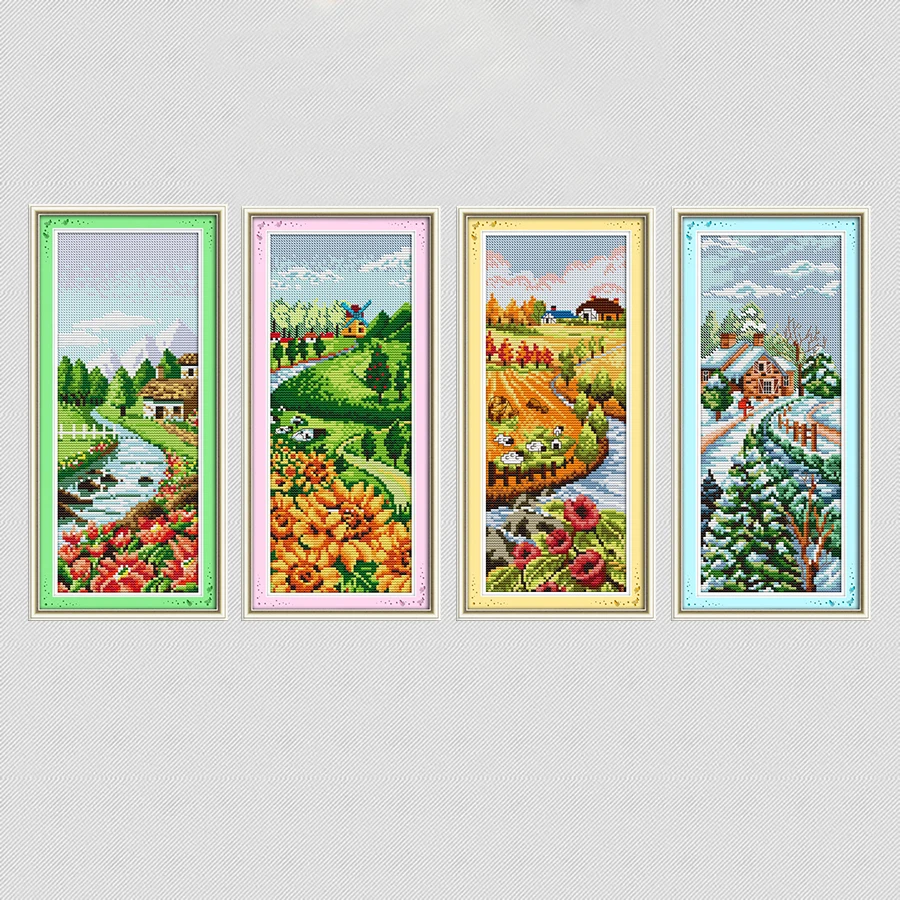 

Spring summer autumn and winter seasons garden scenery pattern counted printed on canvas DMC 11CT 14CT Chinese Cross Stitch kit