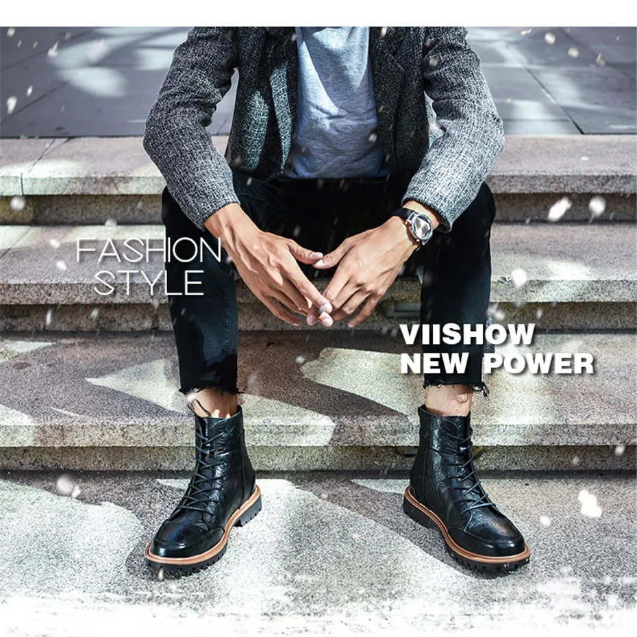 NINYOO/новые модные мужские зимние ботинки, ботинки martin из натуральной кожи, непромокаемые ботинки с перфорацией типа «броги» с мехом, Зимние