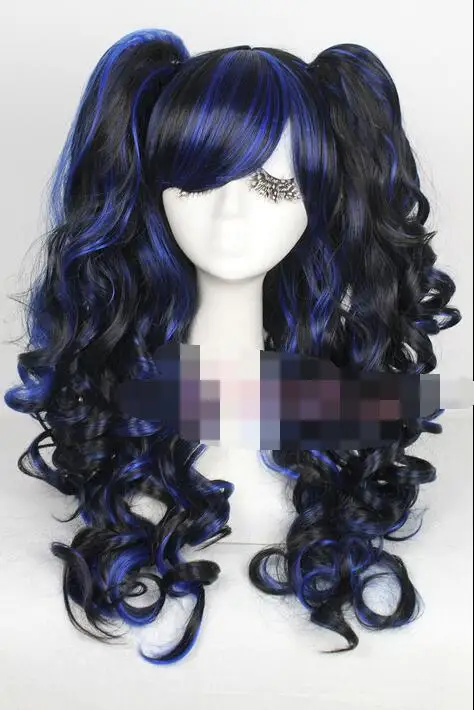 

60cm long mix Black/blue Lolita with clip ponytails curly cosplay wig Party cosplays heat resistant (B0320)