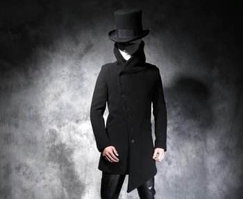 

Autumn and winter new men's character black long style woollen cloth coat fashion and unsymmetrical trench coat. S-5XL!!