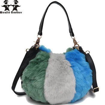 

wenjie brother Small fresh art 2018 fashion handbags Contrast hairy bag New autumn women shoulder bag soft fur lady message bag