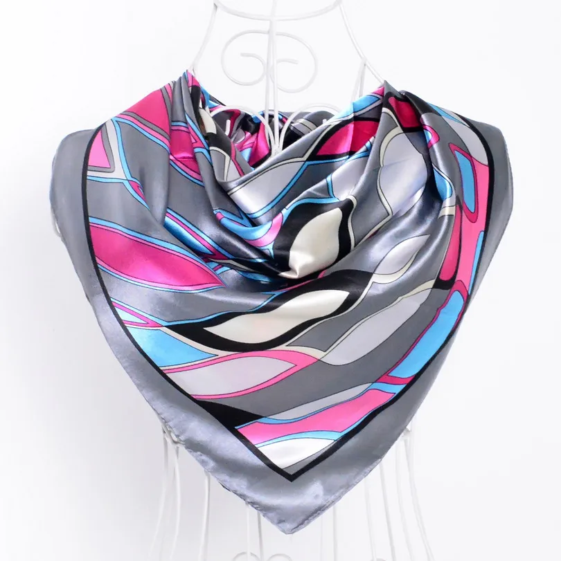 [BYSIFA] весенний, серый, розовый Шелковый шарф для дам, весенний, осенний, атласный, Большой, квадратный, шарфы, обертывания, 90*90 см, шарфы с геометрическим узором - Цвет: Grey