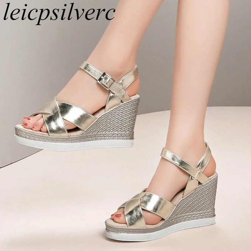 

Women's Sandals High Heel Pu Peep Toe Wedges Buckle Platform 2019 New Sexy Fashion Casual Sweet Summer Silver Big Size 34-43