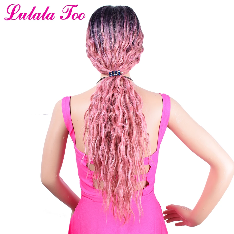 

Pink Synthetic Lace Front Wig For Women 30inch Long Wavy Curly Pastel Ombre Dark Root Rose Gold Haif Hand Tied Fashion Wig