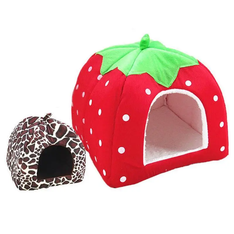 Cute Strawberry Dog Bed House Winter Cat Bed Leopard Pattern Foldable