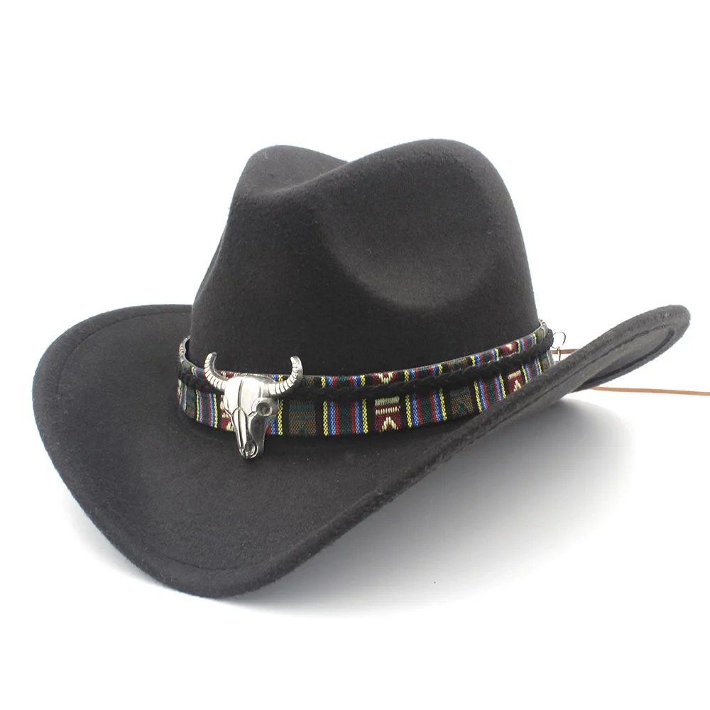 LUCKYLIANJI/Детская шерстяная фетровая шляпа для мальчиков и девочек, ковбойская шляпа в западном стиле с широкими полями, кожаный ремешок в виде головы коровы(один размер: 54 см - Цвет: Черный