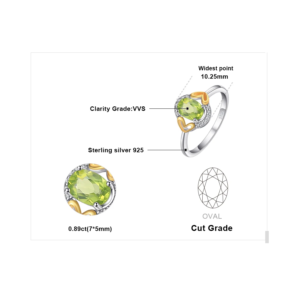 JewelryPalace Luxury 1.3ct Genuine Gemstone Peridot Ring Heart Two Colors 925 Sterling Silver Fine Jewelry For Women Gift Trendy