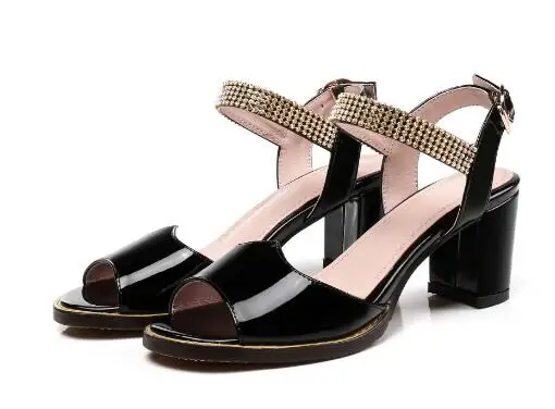 

Black/white medium heel sandals for ladies Women ankle strap chunky heel sandals Female summer open heel shoe Dress shoes