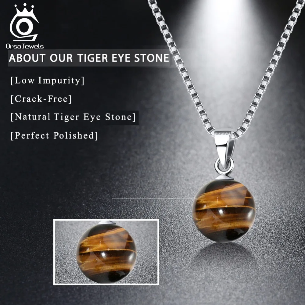 100% Real 925 Sterling Silver Tiger's Eye Stone Pendant Necklace For Women