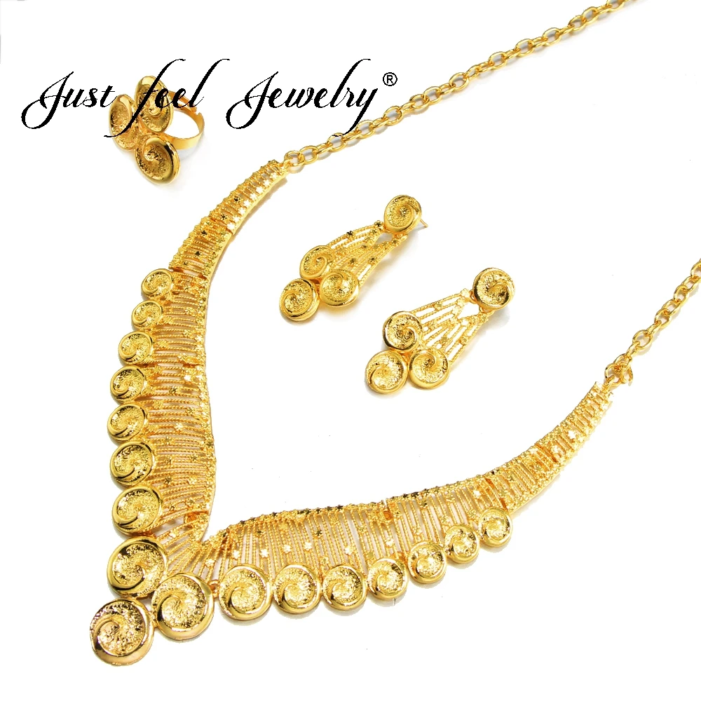 

JUST FEEL India Dubai Jewelry Sets Round Necklace Tassel Statement Earrings Rings for African Middle East Bridal Wedding Gift
