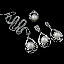 HENSEN Vintage Plateado Joyería de Moda Ahueca Hacia Fuera La Gota de Agua Con la Perla de Imitación set de Joyas Para Las Mujeres