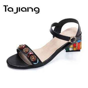 

Ta Jiang Genuine Leather Cow Suede Women High Heels Party Summer Sandals Fashion Crystals Ankle Strap Ladies Dress Shoes Woman
