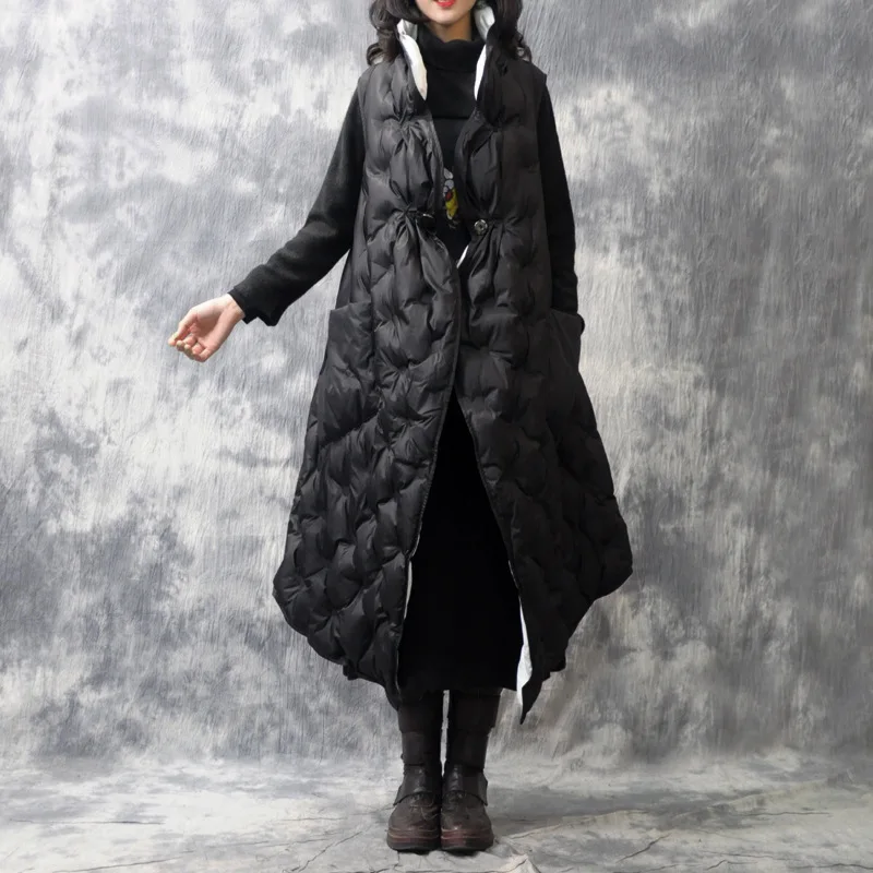 [DEAT] Весенняя женская черная жилетка без рукавов со стоячим воротником на одной пуговице с бриллиантовыми карманами, теплая длинная толстая жилетка трапециевидной формы LE05