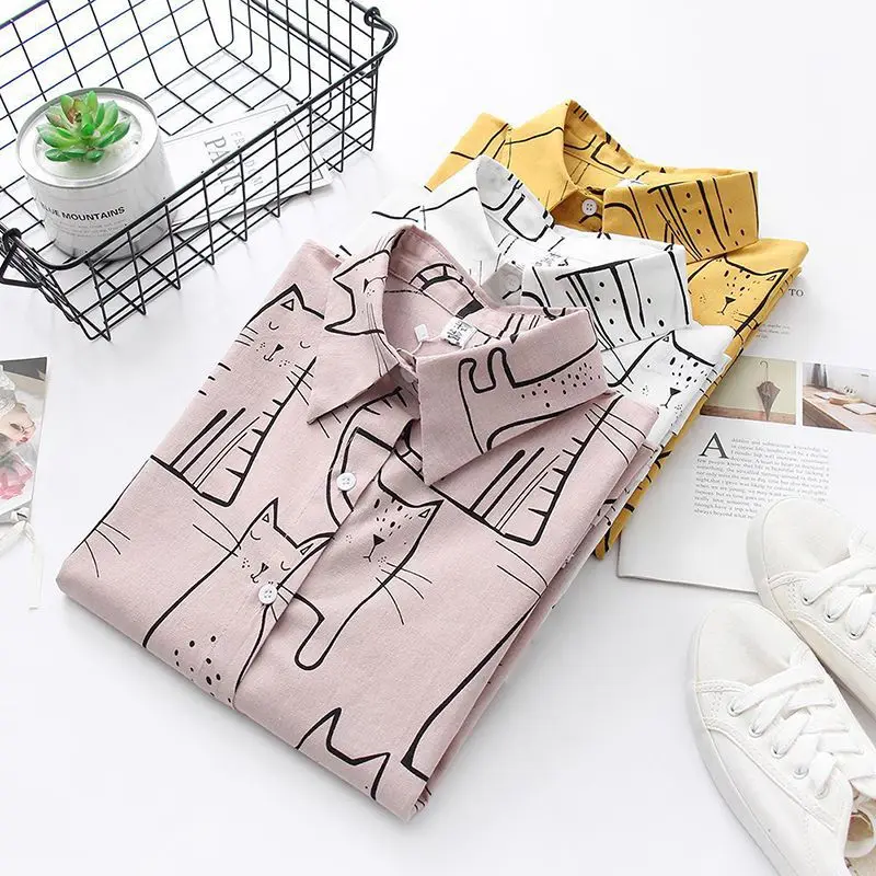 

Women 2019 Fashion Turn Down Collar Long Sleeve Shirt Blouse Shirt Cute Cat Print Loose Casual Blosues Cotton Tops Ladies Blusa