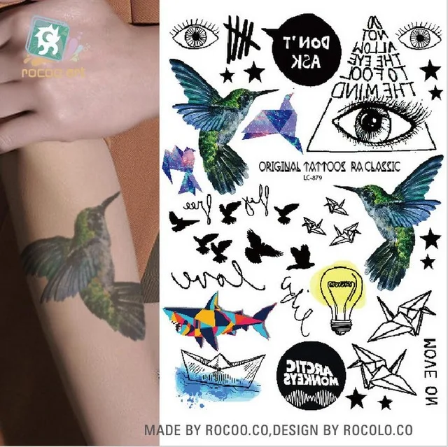 LC-879 большой черный tatuagem Тати Body Art Временные татуировки Стикеры s градиент Красочные Birds Eye Акула блеск татуировки Стикеры