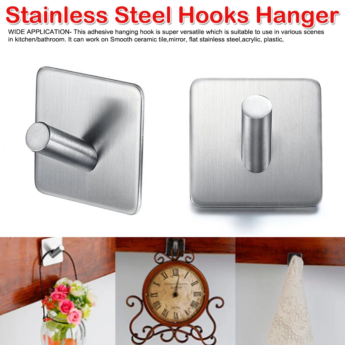 

Stainless Steel Hooks Hanger Self Adhesive Robe Towel Hook for Bathroom Living Room Kitchen Wall Mounted