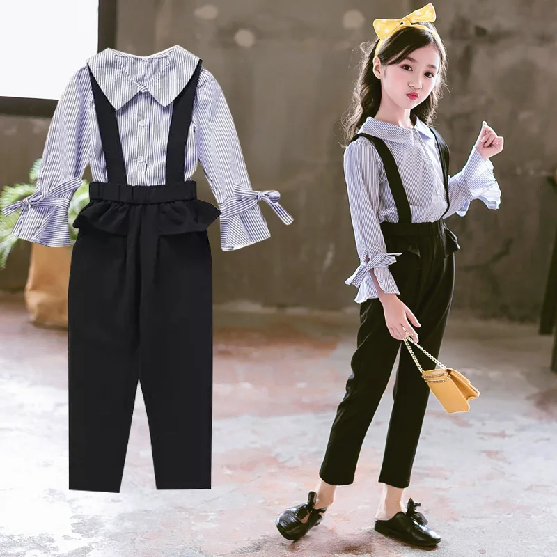 

2018 New Autumn Fashion Children Clothing Three Quarter Flare sleeve Striped Shirt+ Overall 2pcs Girls Clothing Sets Kids Suit