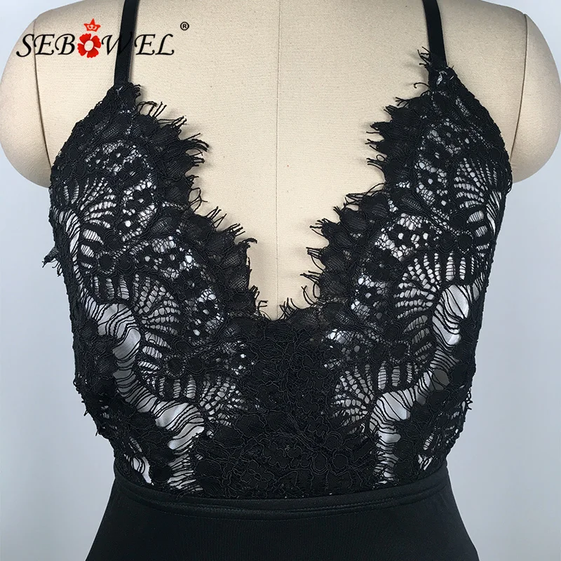 SEBOWEL Sexy Black Eyelash Lace Bodysuit Women V neck High Waist Body Top Sleeveless Teddy Bodysuits Femme Romper Combinaison SEBOWEL Sexy Black Eyelash Lace Bodysuit Women V neck High Waist Body Top Sleeveless Teddy Bodysuits Femme Romper Combinaison