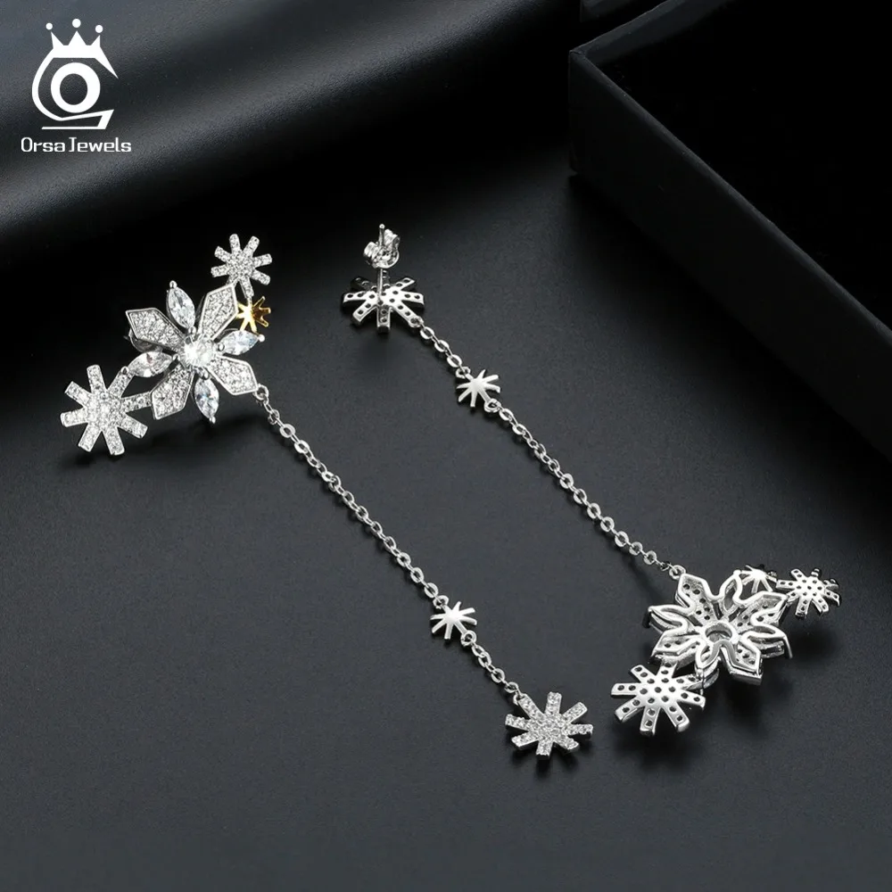 

ORSA JEWELS Women Long Drop Earrings Snowflake Pattern 85MM Length Chain Asymmetry Earring Fashion Girl Party Jewelry OE203