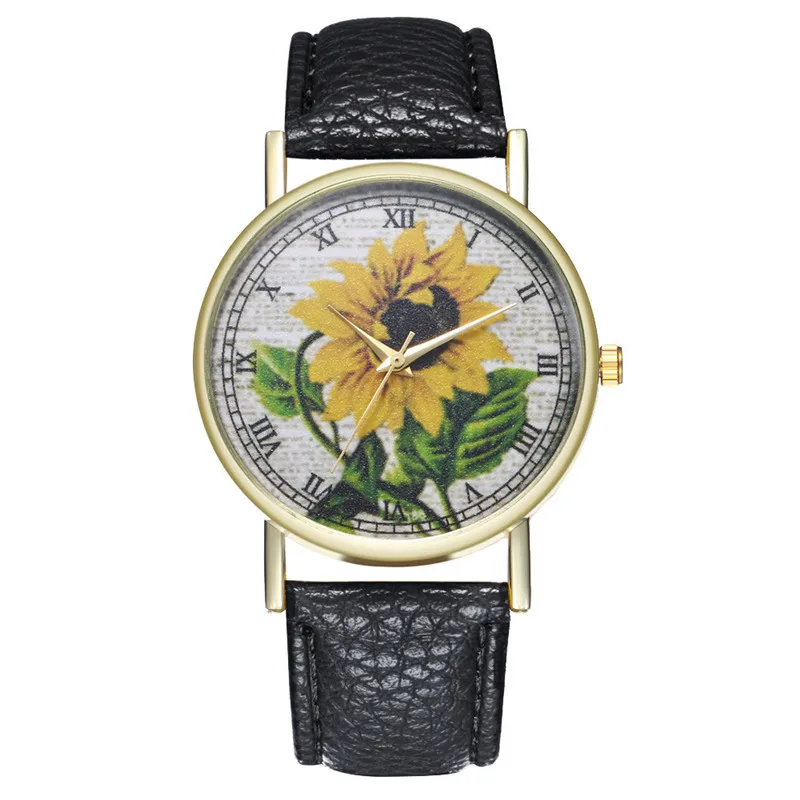 

Top Modern Women'S Watch Simulation Quartz Leather Female Watch High Quality Casual Sunflower Print Dress Ladies Clock Gift #W