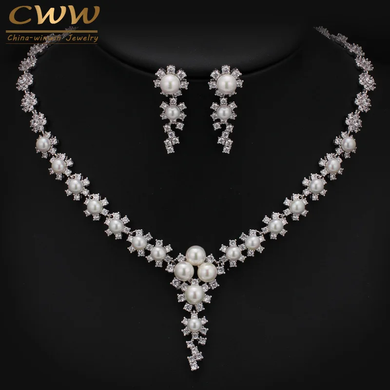 CWWZircons High Quality Round CZ Stones Setting Large Pearl Dorp Earrings And Necklace Jewelry Sets For Wedding T249|jewelry sets|quality jewelry
