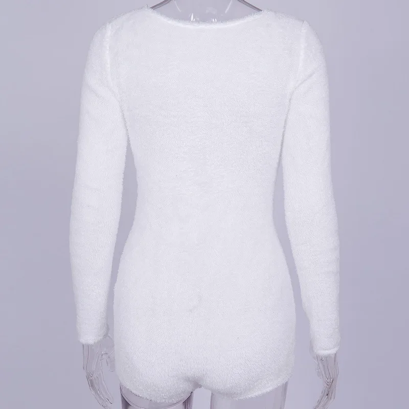 CamKemsey женские осенние зимние боди Новая мода кнопки глубокий v-образный вырез Белый плюш пушистый длинный рукав бодикон боди