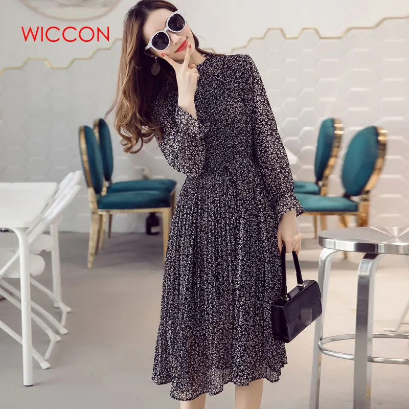 

Chiffon Bohemian Summer Dress Autumn Loose Pleated Dresses Women A-line Flower Print Floral Dot Female Vestidos Plus Size
