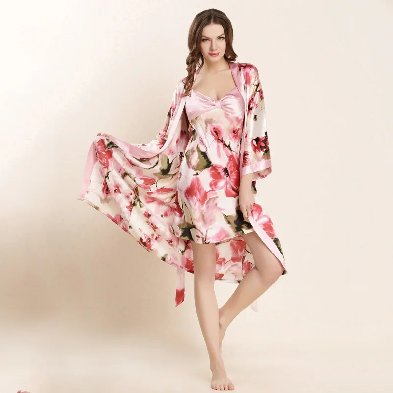 High Quality Real Silk Sleeping Robe Sets Female Sexy Natural Silk