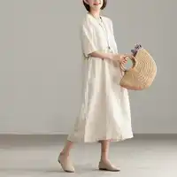Women Linen V neck Solid Color Dress Ladies retro Waisted dress For Female Vintage Dress 2018 Summer