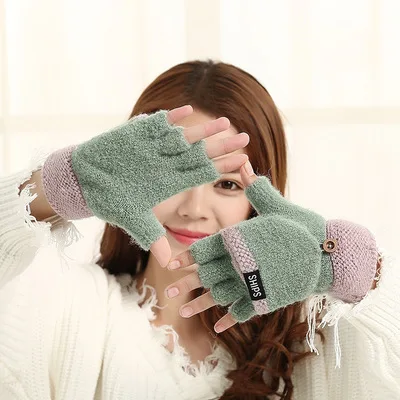 New Arrival Women Thick Female Fingerless Gloves Winter Warm Exposed Finger Mittens Knitted Warm Flip Half Finger Gloves - Цвет: Green-Pink